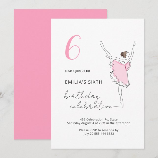 Ballerina Söt Rosa Valfri ålder Barns födelsedag D Inbjudningar (Fram/baksida)