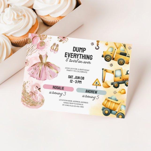Ballerina Syskon-födelsedagen Inbjudningar (Joint Boy Girl Birthday Party Invite - Construction & Ballerina)