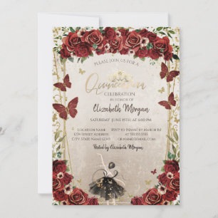 Ballerina, Tiara, Röda blommor Quinceañera Inbjudningar