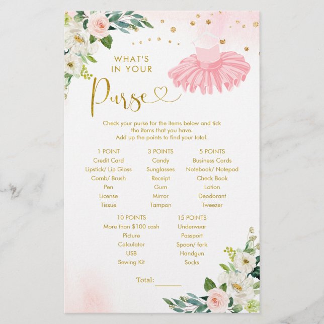 Ballerina Tutu Baby Shower What's in Your Purse (Framsida)