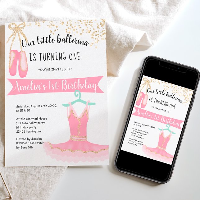 ballerina tutu Guld glitter konetti 1år Inbjudningar (Skapare uppladdad)