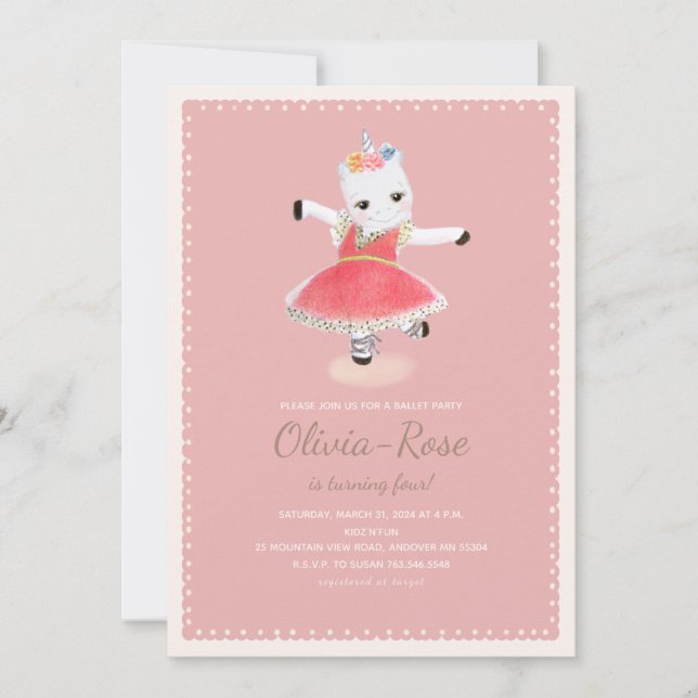 Ballerina Unicorn Rosa Girl Girl Birthday Investig Inbjudningar (Framsida)
