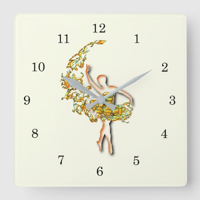 Ballerina Wall Clock - Fire Ballet Dancer Girl Fyrkantig Klocka (Framsida)