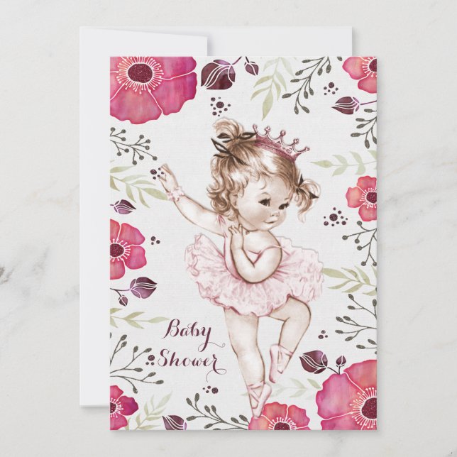 Ballerina Watercolor Glitter Poppies Babyskor Inbjudningar (Framsida)