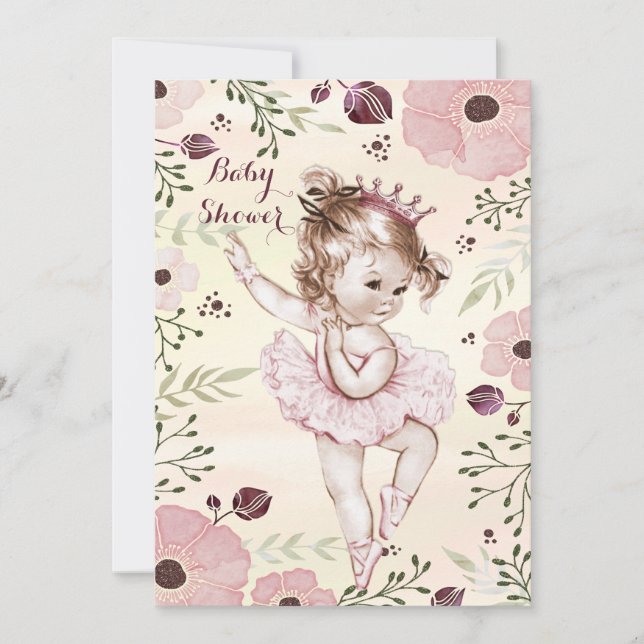 Ballerina Watercolor Poppies Baby Shower Inbjudningar (Framsida)