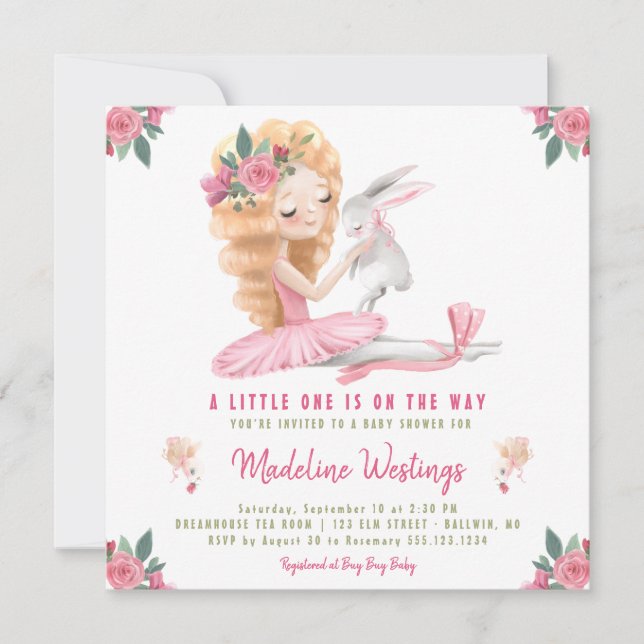 Ballerinakaninbaby shower inbjudningar (Framsida)