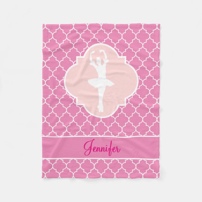 BallerinaSilhouette rosa Quatrefoil med namn Fleecefilt (Framsidan)