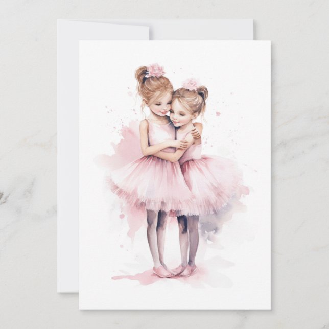 Ballerinasyskon som omfamnar varandra i rosa tutu  inbjudningar (Framsida)