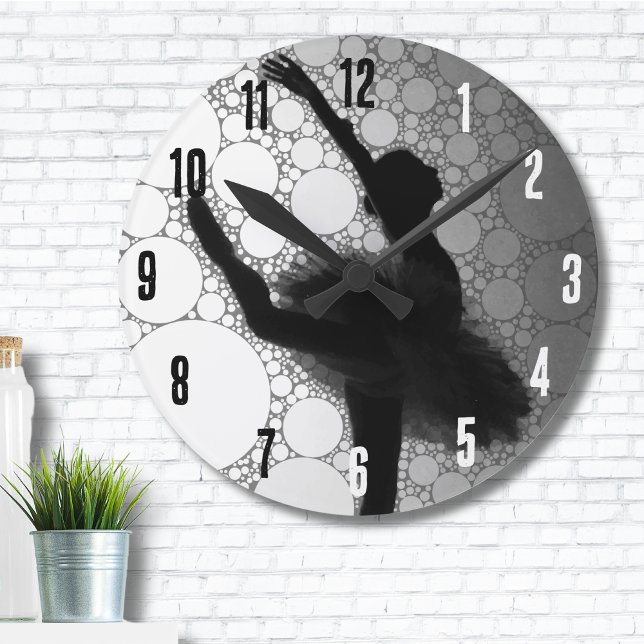 Ballet Black White Dancing Ballerina Rund Klocka (Cute Ombre Abstract Black White Dancing Ballerina Round Clock)