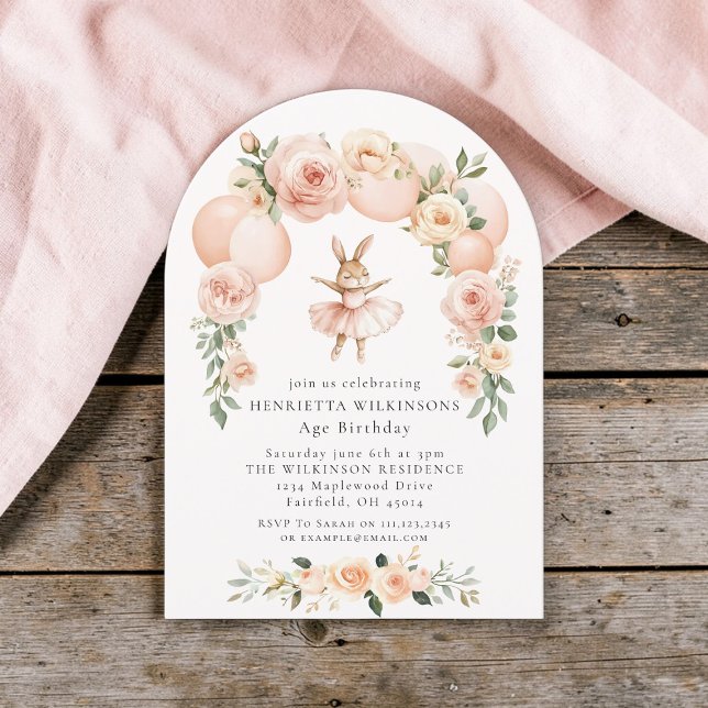 Ballet Bunny Peach Floral Arch Birthday Inbjudningar (Skapare uppladdad)