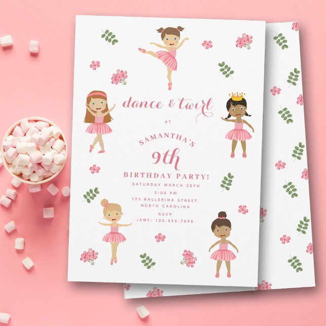 Ballet Dance & Twirl Rosa Ballerina Birthday Inbjudningar (Ballet Dance & Twirl Pink Ballerina Birthday Invitation)