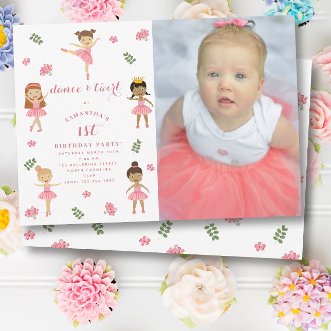 Ballet Dance & Twirl Rosa Ballerina Photo Birthday Inbjudningar (Ballet Dance & Twirl Pink Ballerina Photo Birthday Invitation)