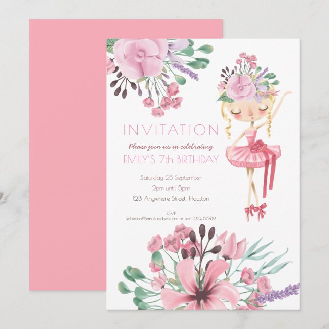 Ballet Dancer Flowers Girl 7:e Födelsedagsfest Inbjudningar (Fram/baksida)