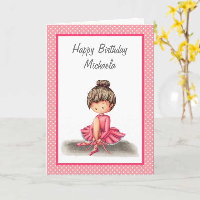 Ballet Dancer i Rosa Dress Personlig Birthday Kort (Gul blomma)