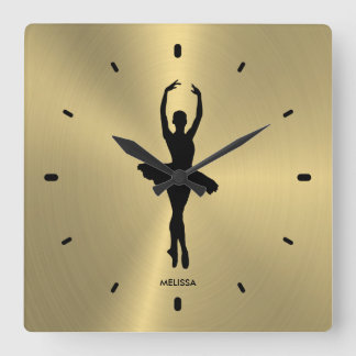 Ballet Dancer Silhouette på Metallic Guld Fyrkantig Klocka