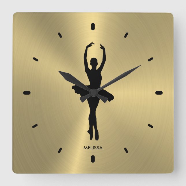  Ballet Dancer Silhouette på Metallic Guld Fyrkantig Klocka (Framsida)