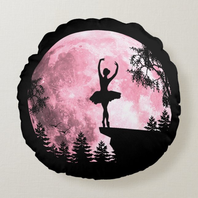 Ballet Dancing Pink Full-Moon Ballerina Women Girl Rund Kudde (Framsidan)