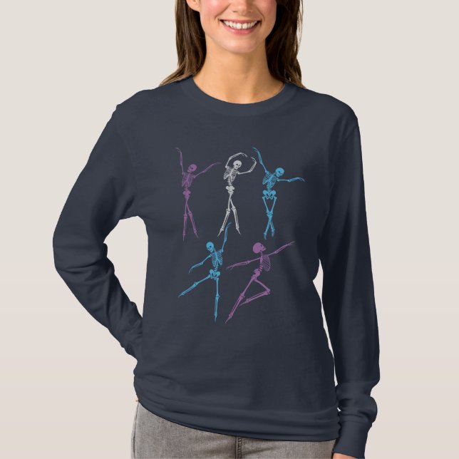 Ballet Dancing skeleton creepy pooky Halloween T Shirt (Framsida)