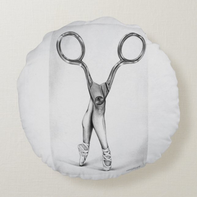 Ballet dans Scissor Ballerina Surreal teckning Rund Kudde (Baksidan)