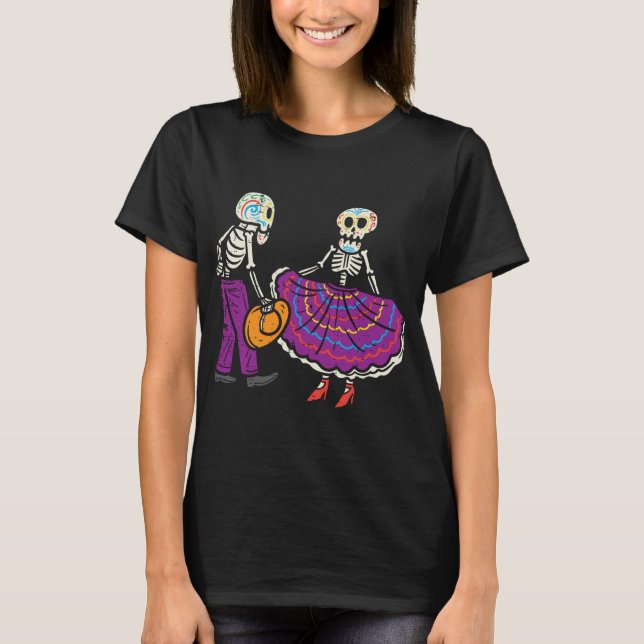 Ballet Folloresco Skeleton Sugar Skull Dia de Los T Shirt (Framsida)