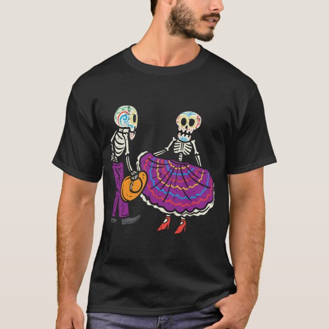 Ballet Folloresco Skeleton Sugar Skull Dia de Los T Shirt (Framsida)