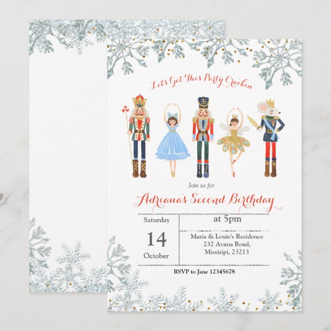Ballet Glitter Silver, födelsedag Inbjudan Nutcrac (Fram/baksida)