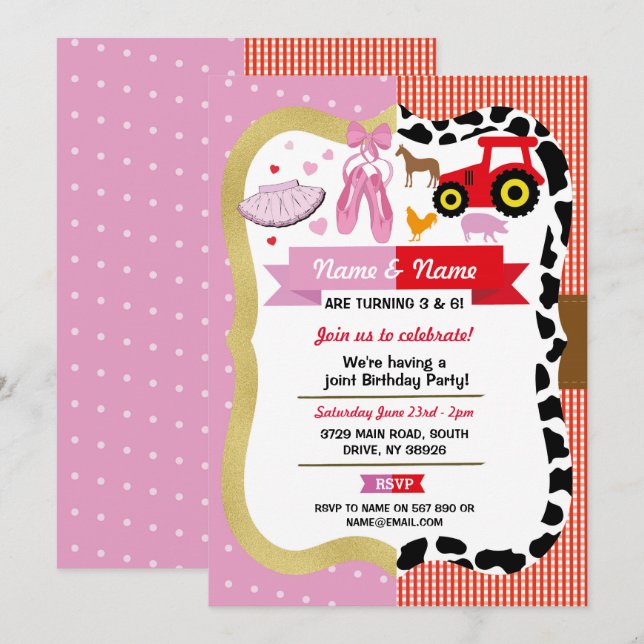 Ballet och Farm Joint Boy Birthday Rosa Horse Inbjudningar (Fram/baksida)
