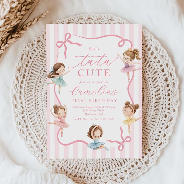 Ballet Pink Girls Bow Tutu Ballerina 1st Birthday Inbjudningar (Skapare uppladdad)