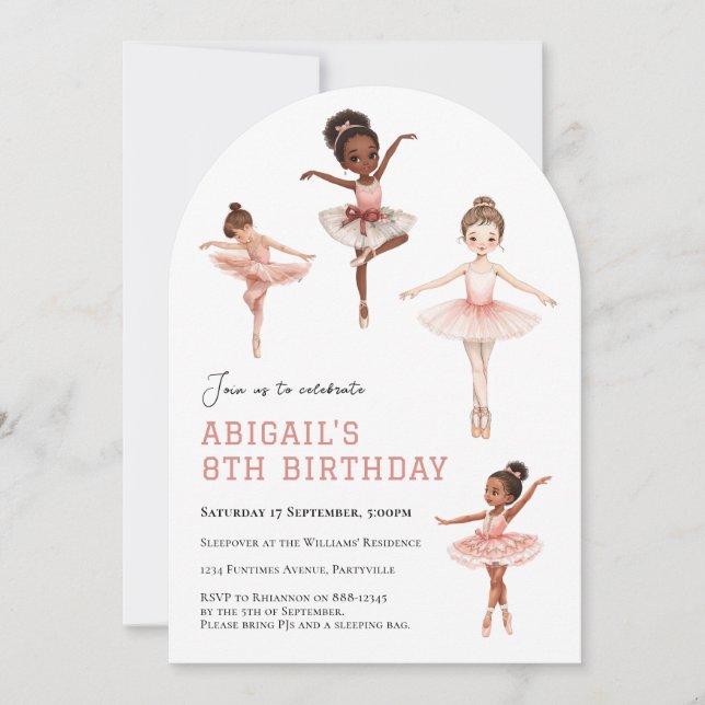 Ballet Rosa Tutu Ballerina Flickor - 8-årsdag Inbjudningar (Framsida)