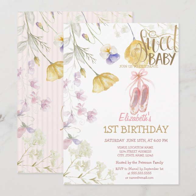 Ballet Shoes Rand Wildblommor Birthday Inbjudningar (Fram/baksida)