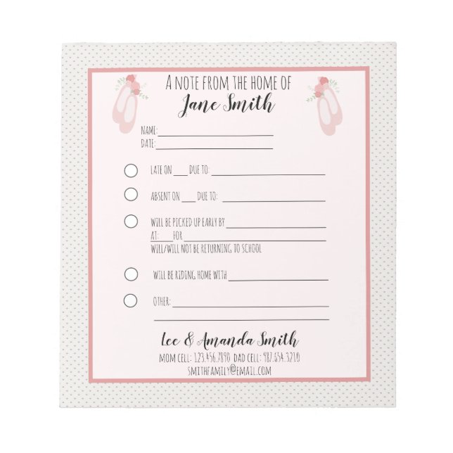 Ballet Tofflor School Note - ursäkta 1 barn Anteckningsblock (Framsida)