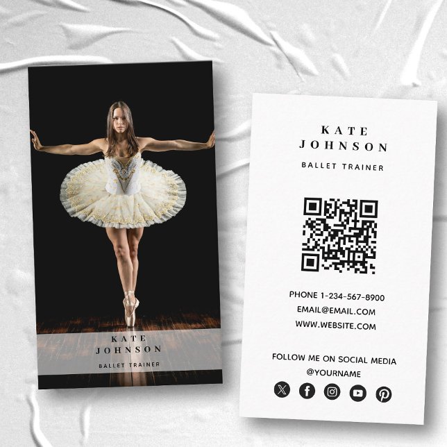 Ballet Trainer Dancer Photo Social Media QR-kod Visitkort (Ballet Trainer Dancer Photo Social Media QR Code Business Card)