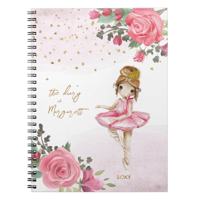 Balletflicka Rosa Blommig Hennes Härliga Dagbok Anteckningsbok (Framsidan)