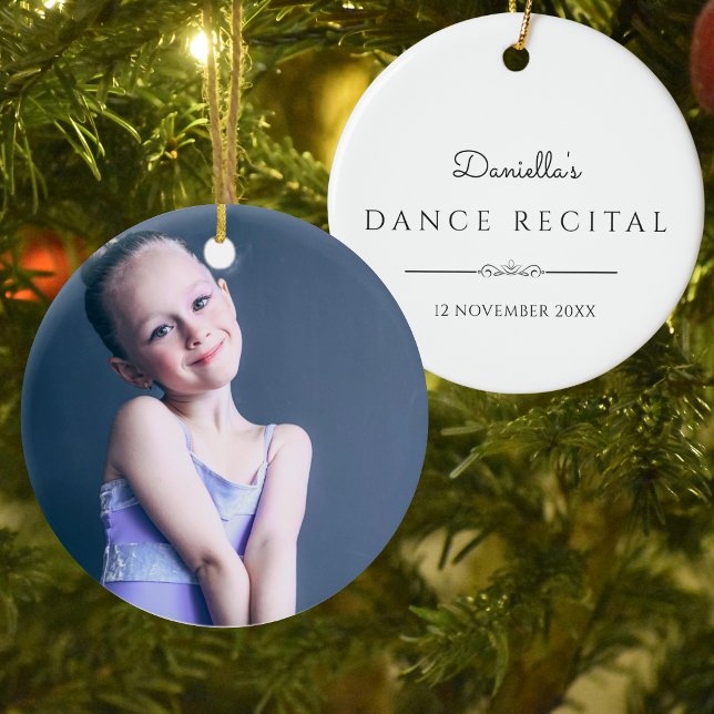 Balletföreställning Foto och text  Julgransprydnad Keramik (Christmas tree ornament with young dancer's photo on one side and dance recital details on the other)