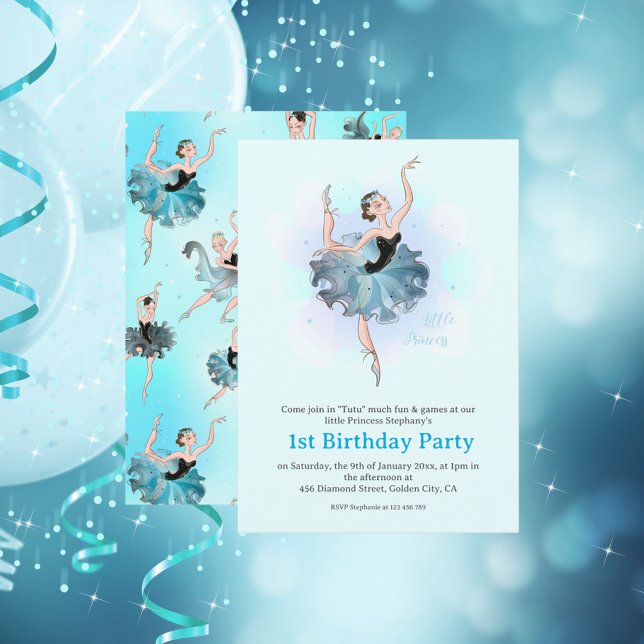 Balletprinsessa 1-års födelsedags Pastell Illustra Inbjudningar (Skapare uppladdad)