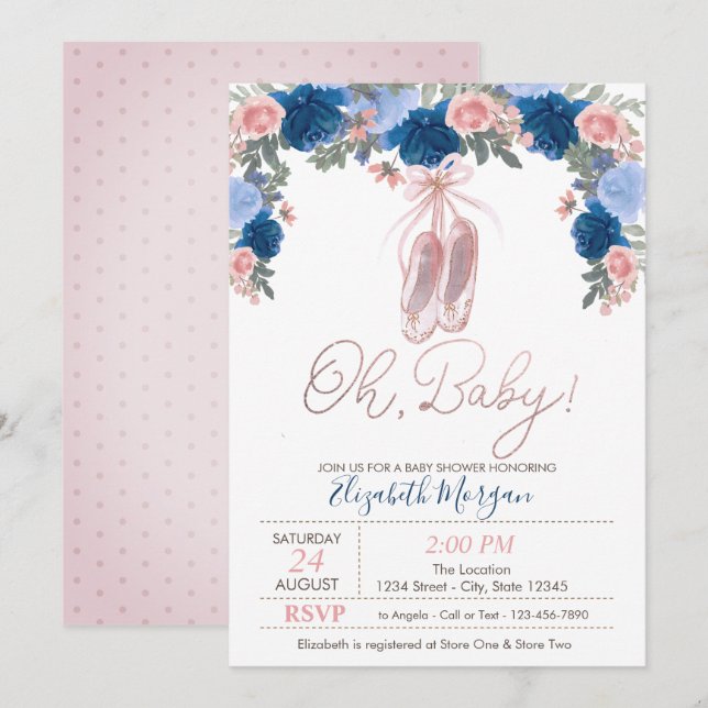 Balletskor prickar blommig  Baby Shower  Inbjudningar (Fram/baksida)