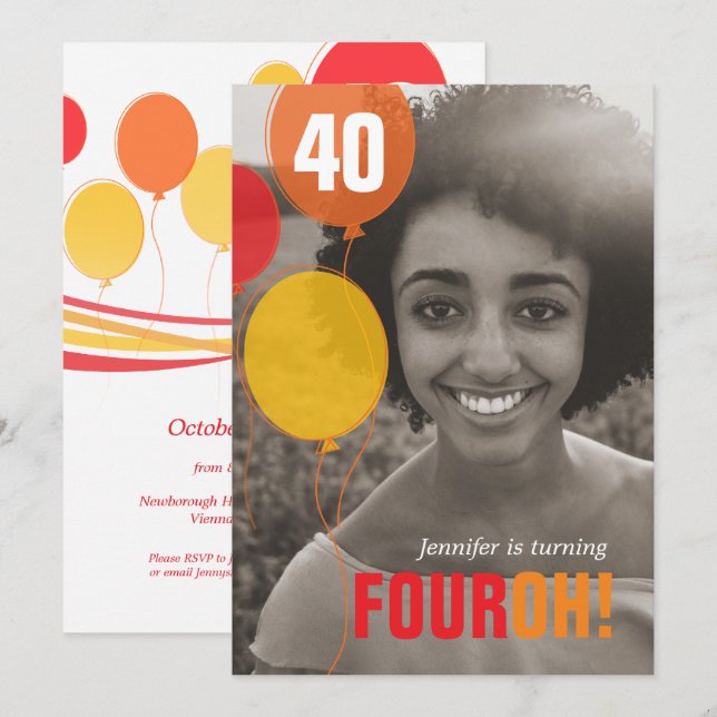 Ballon 40:e FOUROH! fotofödelsedagsinbjudningar Inbjudningar (Fram/baksida)