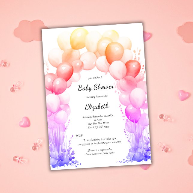 Ballon Arch Rainbow Färg Flicka Baby Shower Inbjudningar (Baby Girl Baby Shower Invitation Balloon Arch Pink Yellow Orange Red Rainbow Colors)
