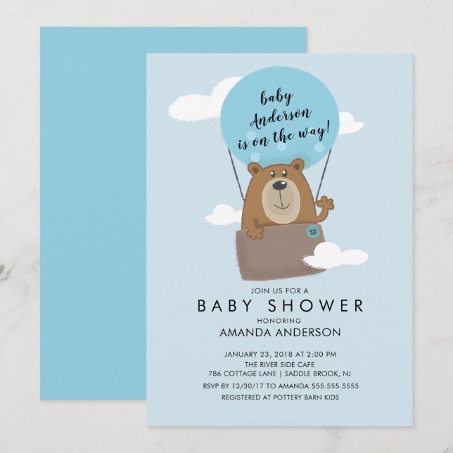 Ballon Bear Boys Baby-duschinbjudan till hett Luft Inbjudningar (Fram/baksida)