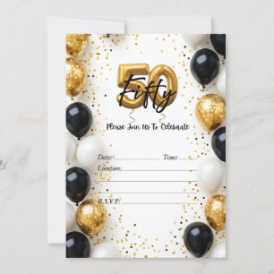 Ballon elegant Guld & Black 50:e födelsedagsinbjud Inbjudningar