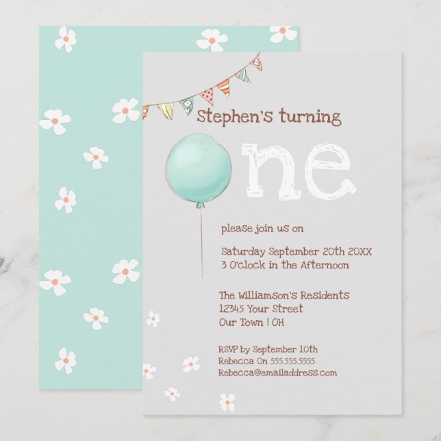 Ballon & Flaggor 1:a födelsedagsinbjudan Inbjudningar (Fram/baksida)