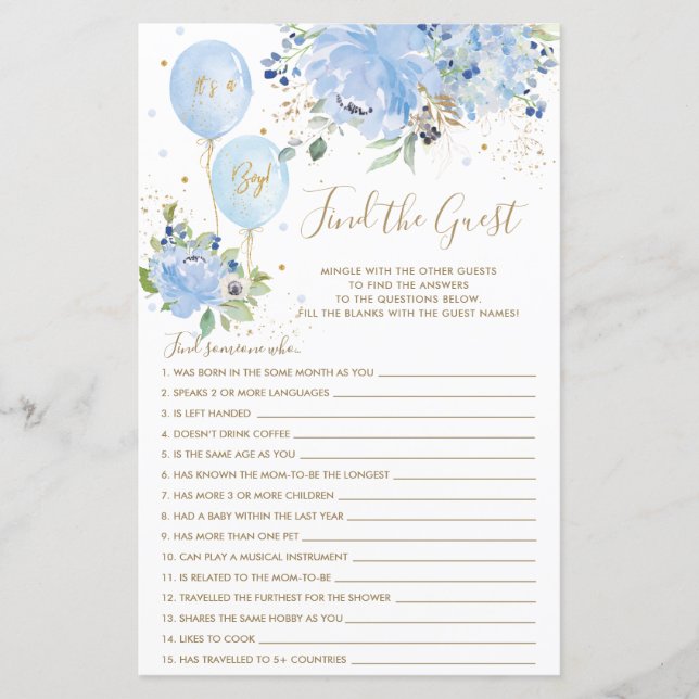 Ballon för blå Blommigt Hitta matchen för gästbryt (Framsida)