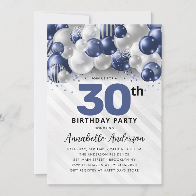 Ballon Glitter 30års födelsedag i Silver Inbjudningar (Framsida)