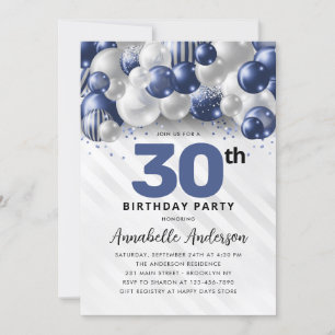 Ballon Glitter 30års födelsedag i Silver Inbjudningar
