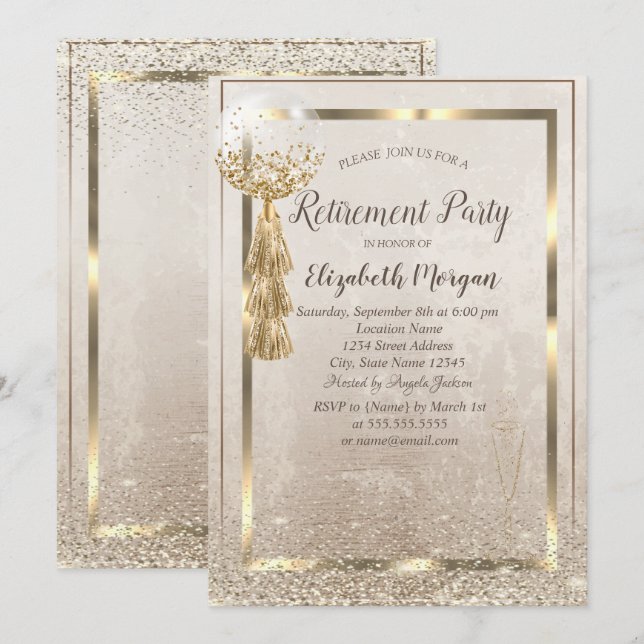 Ballon guld Ram,Glasfettkonfetti Pension Inbjudningar (Fram/baksida)