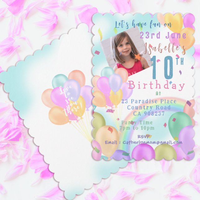 Ballon Pastel Photo Birthday Inbjudningar (Sweet Balloons and rainbow single photo birthday invitation card.)