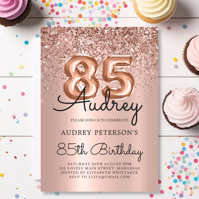 Ballon snyggt Guld Glitter 85:e födelsedagen Inbjudningar (Skapare uppladdad)