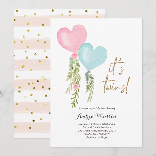 Ballon Twin Boy Baby Shower-inbjudan Inbjudningar (Fram/baksida)