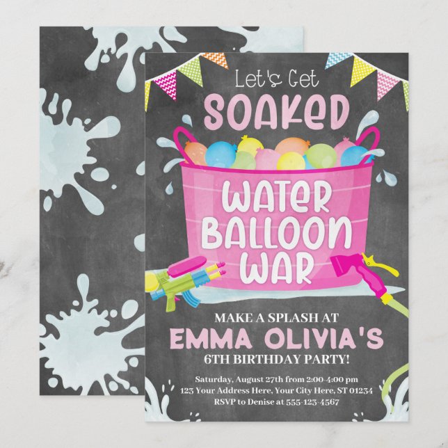 Ballonens födelsedag i vatten, Balloon Krig Inv Inbjudningar (Fram/baksida)