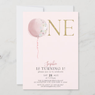 Ballonens Rosa och Guld Girls 1:a födelsedag Inbjudningar